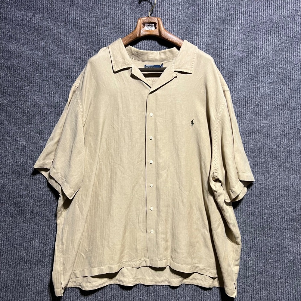Vintage Polo Ralph Lauren Shirt Mens 4XB Tan Linen Silk Herringbone Short Sleeve
